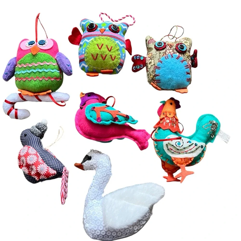 Bundle of Seven Colorful Quilted Soft Ornaments Birds Owl Swan Rooster Fabric